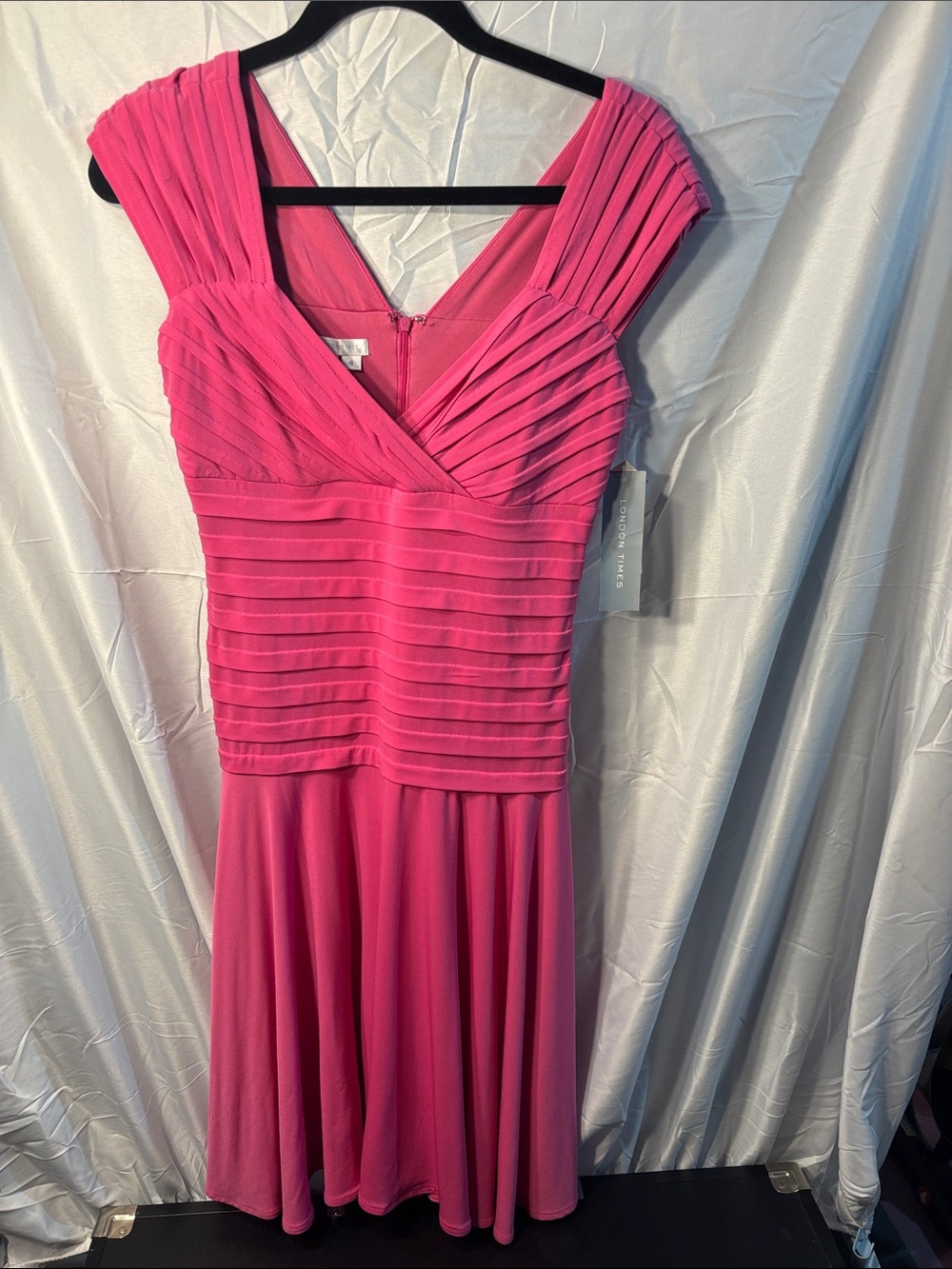 London Times Hot Pink Pleated V-Neck Midi Dress